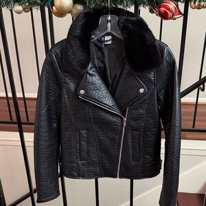 H&M Black Leather Jacket with Plush Collar